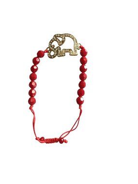 WOMENS RED BEADS WITH ELEPHAN CHARM ADJUSTABLE BRACELET